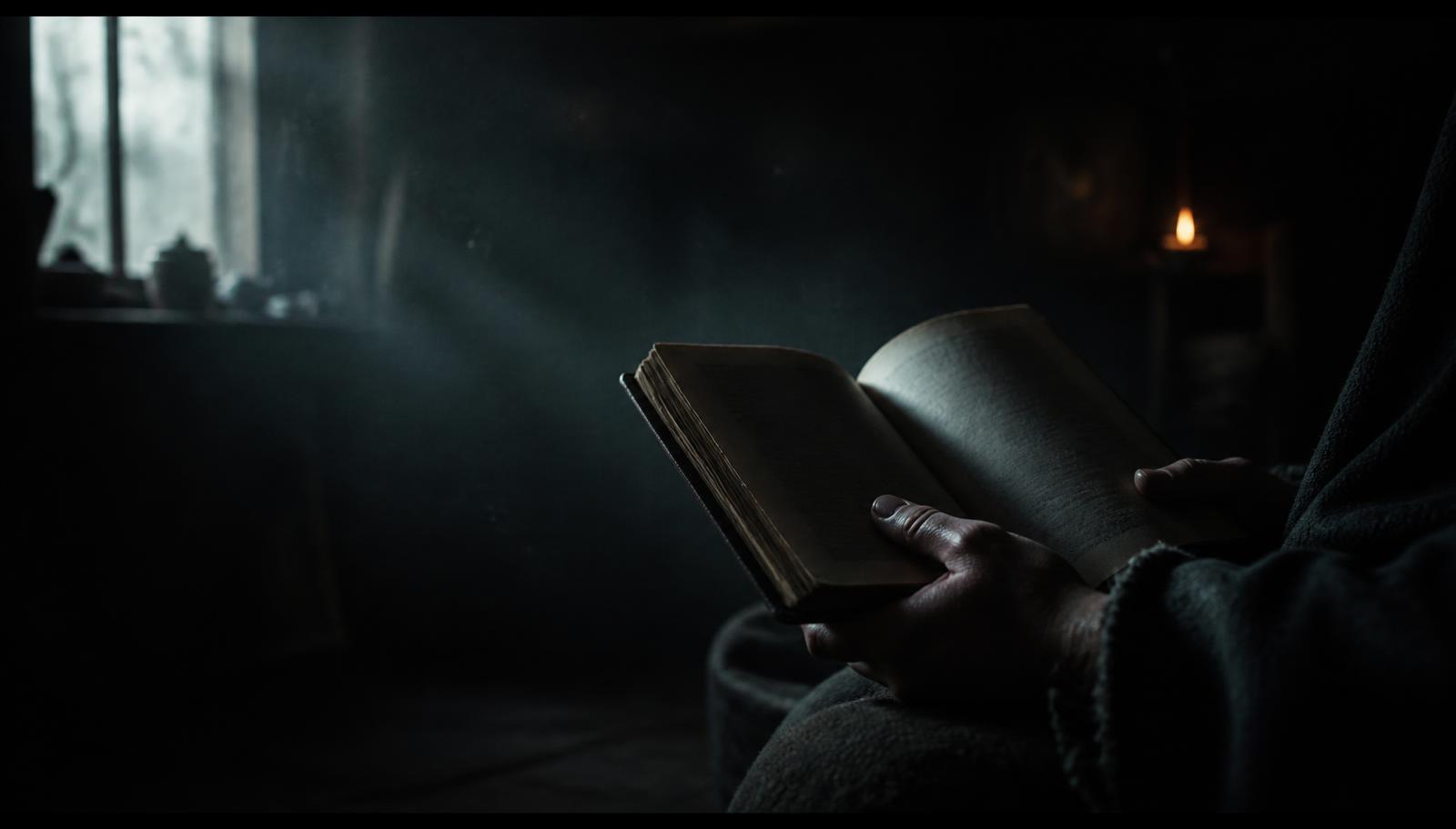 Hands holding an open book in low window light