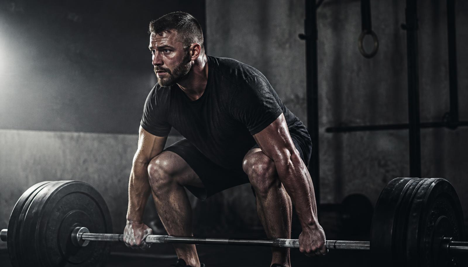 An athlete setting up over a loaded barbell in a dark gym