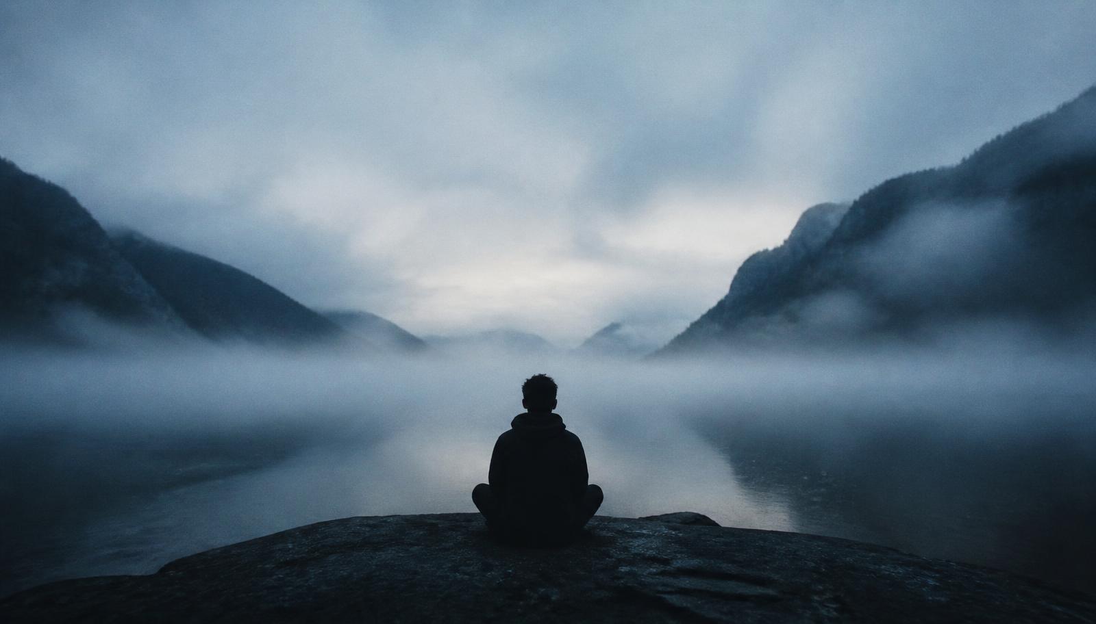 A figure seated in stillness facing a fog-covered lake