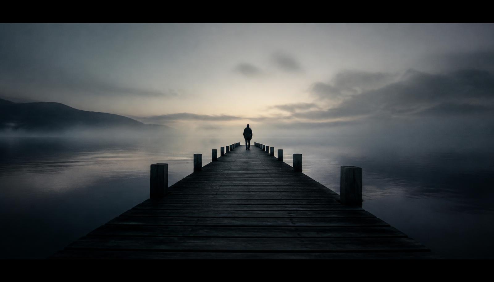 A person walking a long pier into ocean fog at dawn