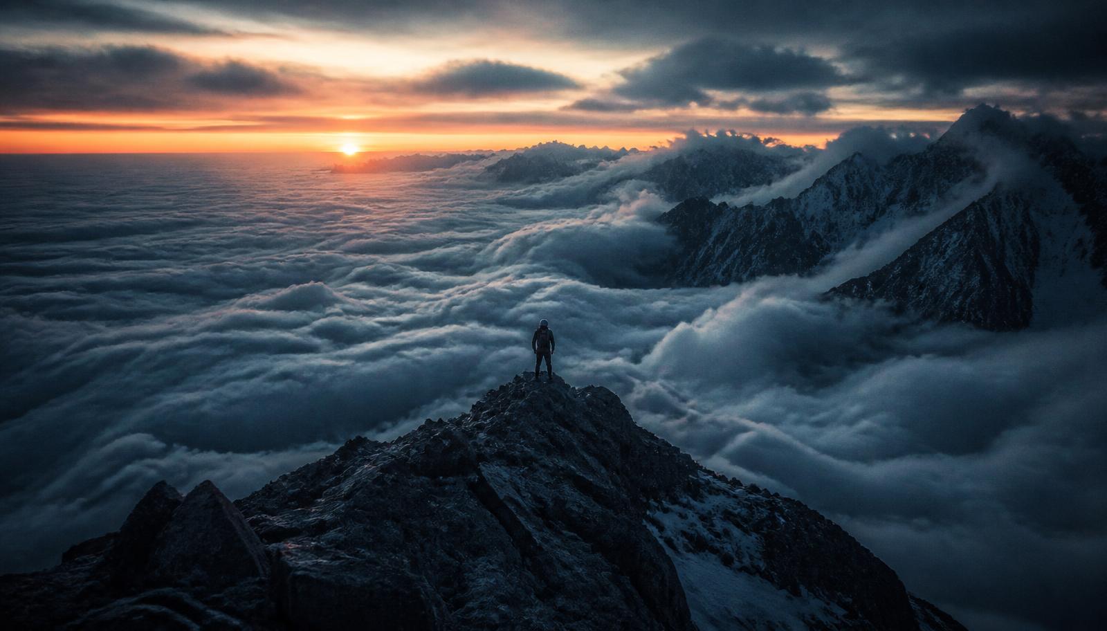 A climber standing on a granite summit above a sea of clouds